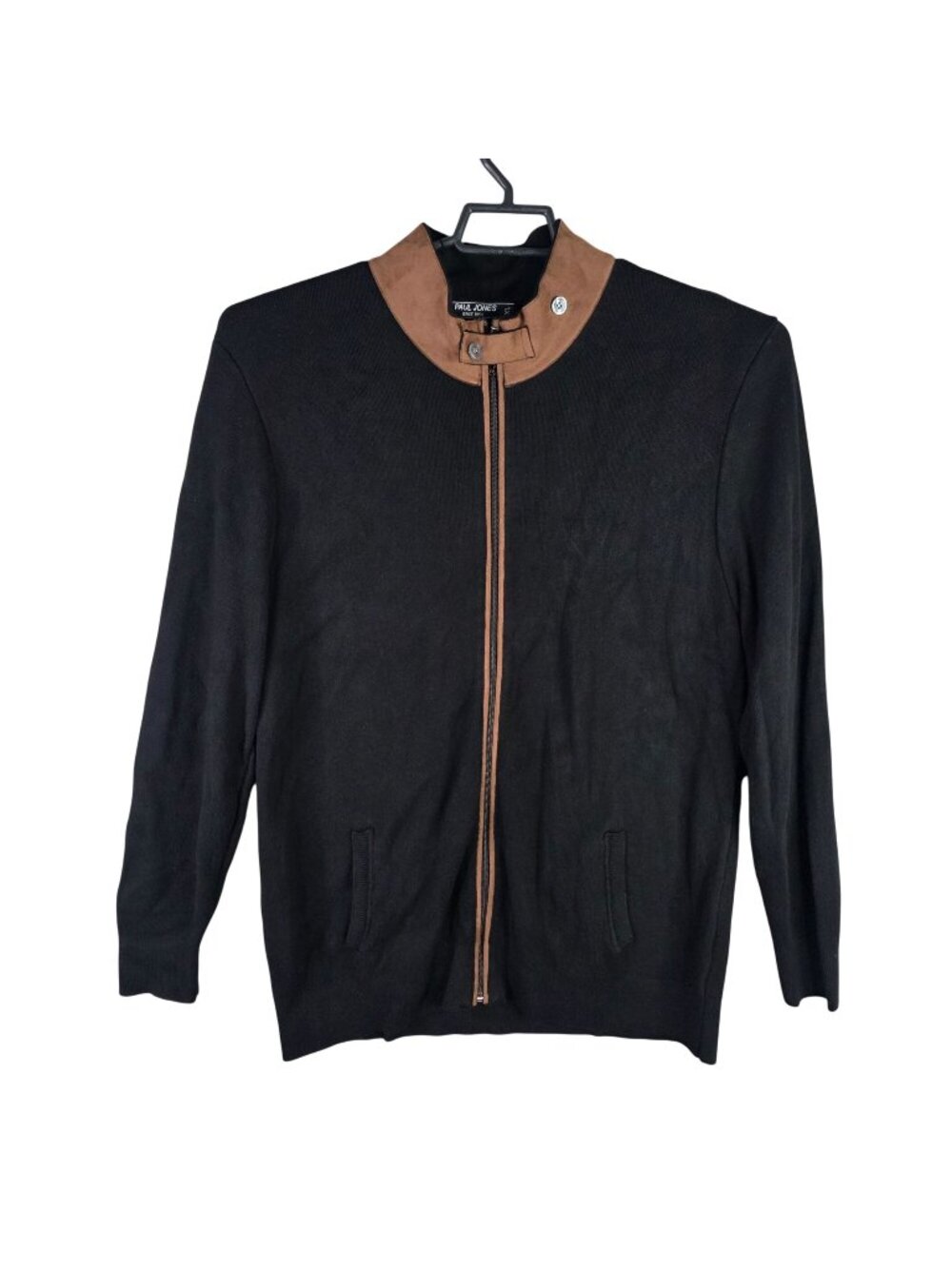 Mens Paul Jones Black & Brown Full Zip Cardigan Sweater Faux Suede Collar XL